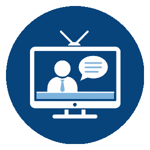 Advocacy person appearing on television with speech bubble illustration